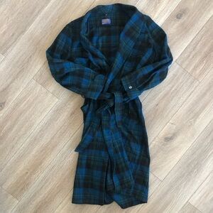 Vintage Pendleton 100% Wool Robe size Mens Medium Blue-Green Plaid Belted Tie